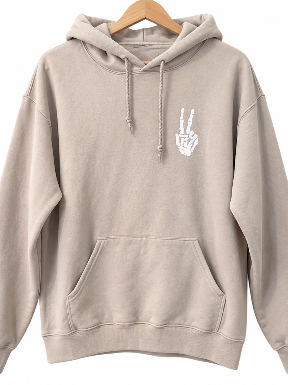 Artist union Beige Graphic Hoodie Sweatshirt - Skeletal Peace Hand 11